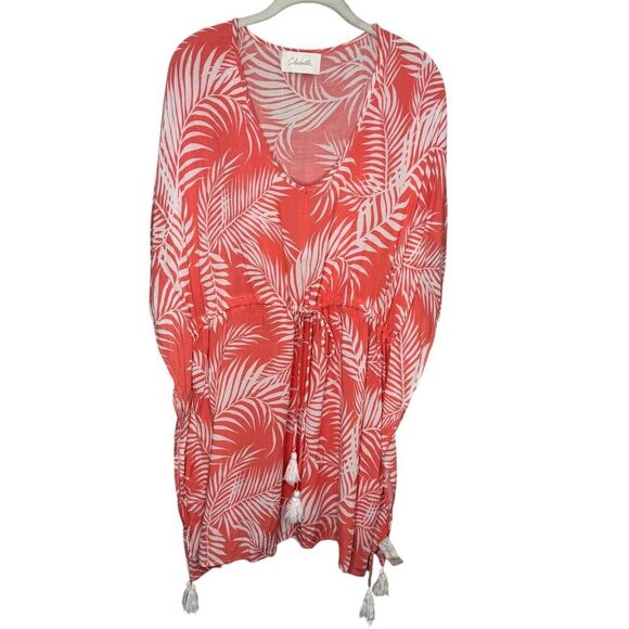 Cleobella Dreamy Sunset Swim Cover-Up One Size Tassels Palm Print Coral White - Picture 1 of 7